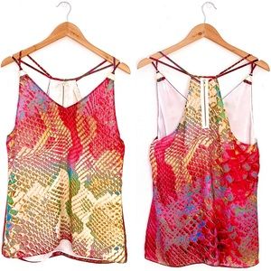 Ramy Brook Mosaic Silky Tank Top Halter Pink Gold Chain Bar Zip Back Pink Large